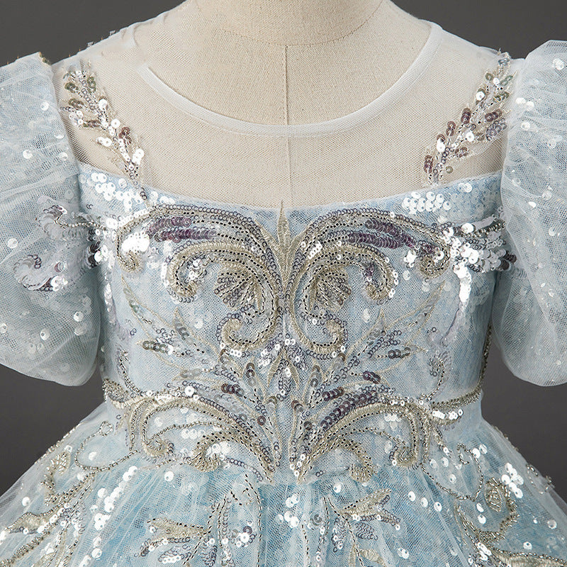Mint Green Sequin Lace Flower Girl Dress | Puff Sleeves