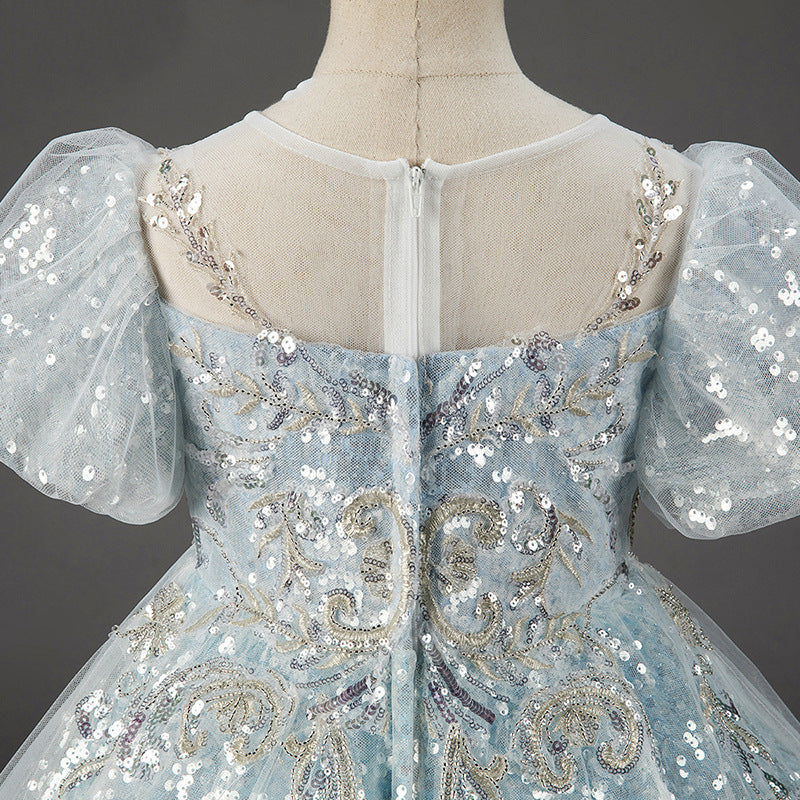 Mint Green Sequin Lace Flower Girl Dress | Puff Sleeves