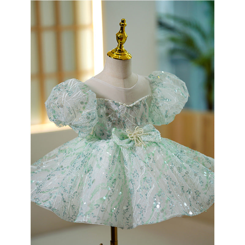 Mint Green Sequin Princess Flower Girl Dress - Puff Sleeves