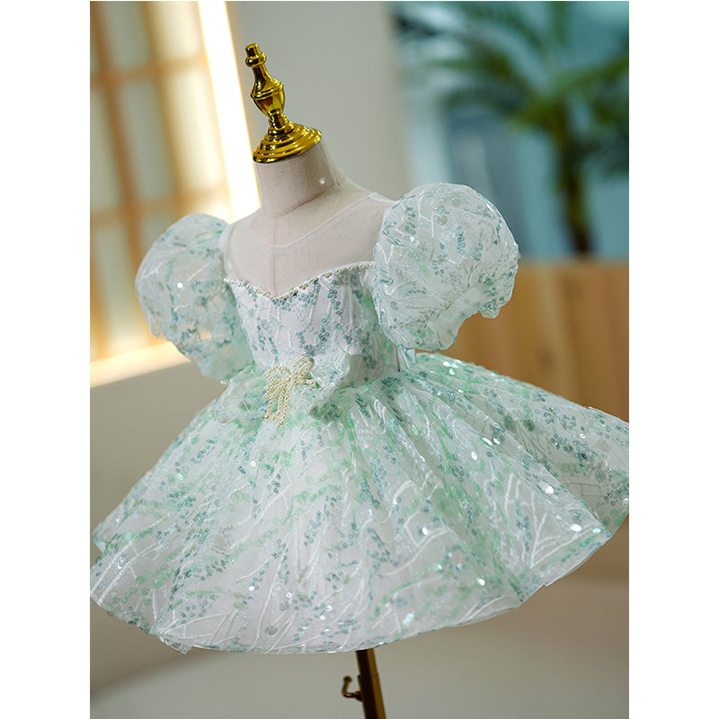 Mint Green Sequin Princess Flower Girl Dress - Puff Sleeves