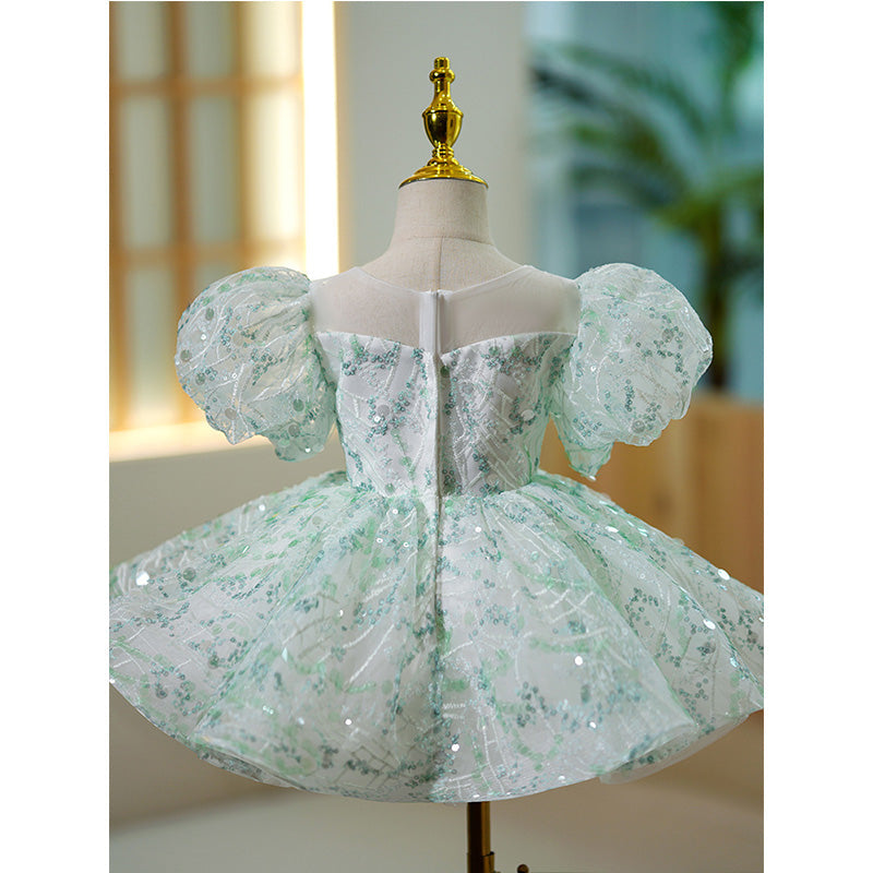 Mint Green Sequin Princess Flower Girl Dress - Puff Sleeves