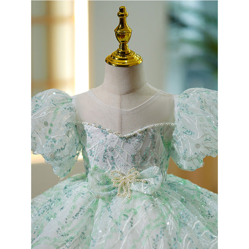 Mint Green Sequin Princess Flower Girl Dress - Puff Sleeves