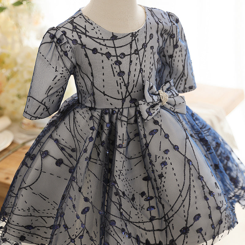 Navy Blue A-line Lace Flower Girl Dress with Bow