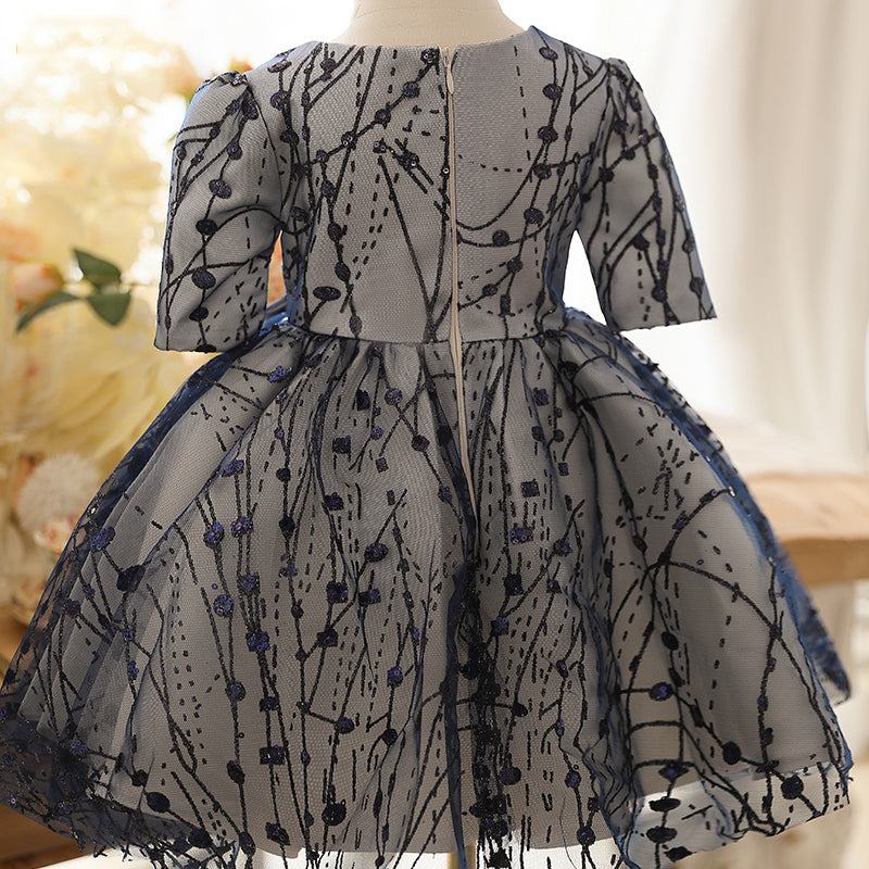 Navy Blue A-line Lace Flower Girl Dress with Bow