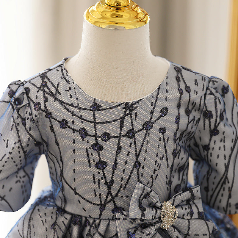 Navy Blue A-line Lace Flower Girl Dress with Bow