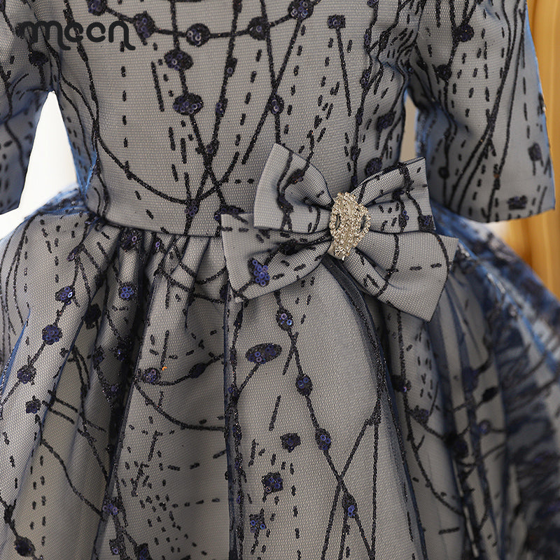 Navy Blue A-line Lace Flower Girl Dress with Bow