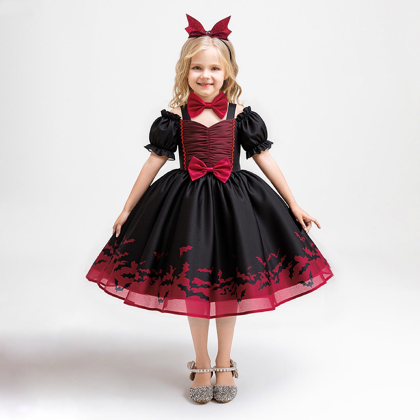 Black Off Shoulder Princess Dress for Girls Tea Length | Halloween & Party Outfit