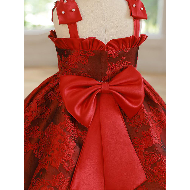 Off Shoulder Satin Ball Gown Dress for Girls with Floral Print and Bow