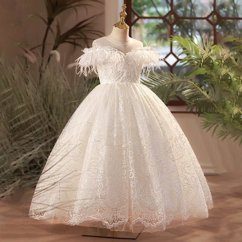 One Shoulder Tassel Princess Dress – White Floor-Length Lace Gown for Girls