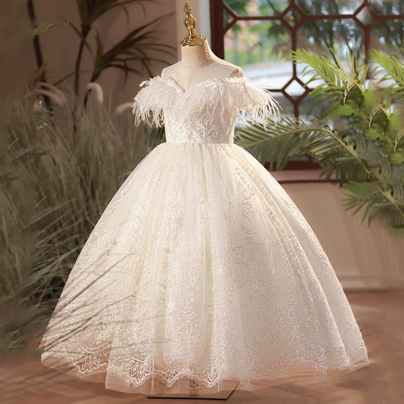 One Shoulder Tassel Princess Dress – White Floor-Length Lace Gown for Girls