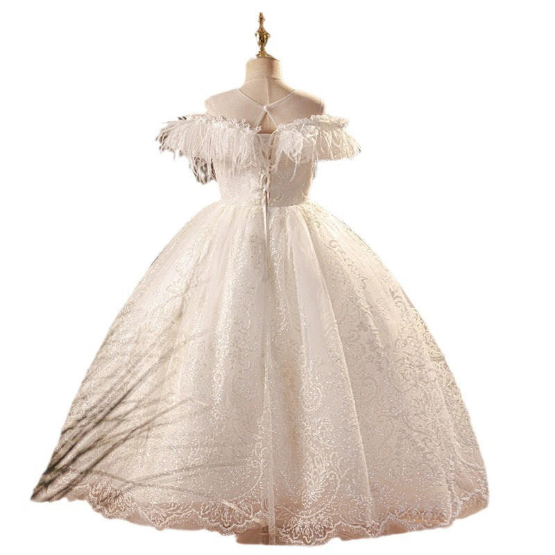 One Shoulder Tassel Princess Dress – White Floor-Length Lace Gown for Girls
