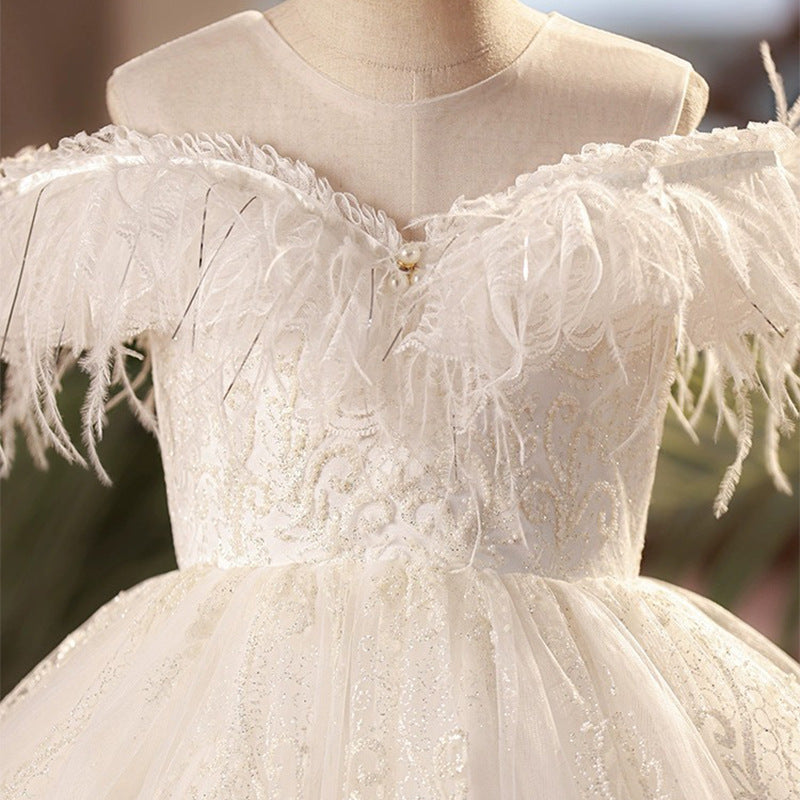 One Shoulder Tassel Princess Dress – White Floor-Length Lace Gown for Girls