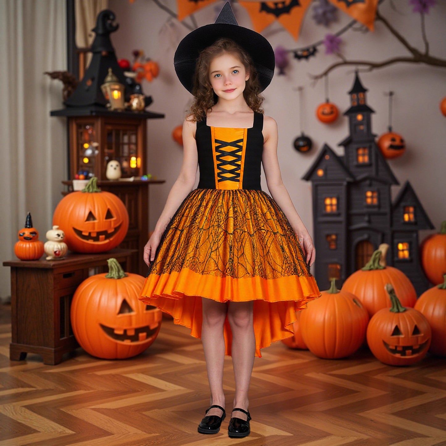Orange A-Line Satin Tea Length Dress for Girls – Sleeveless Holiday & Party Dress