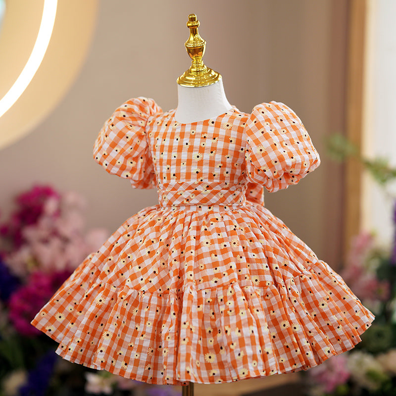 Orange Polyester Princess Flower Girl Dress Flower Puff Sleeve