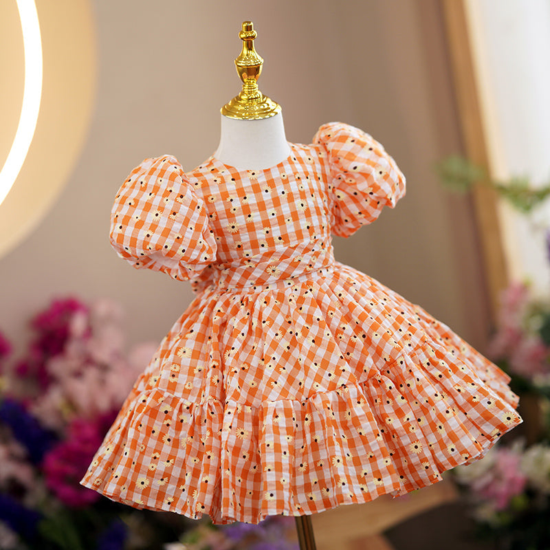 Orange Polyester Princess Flower Girl Dress Flower Puff Sleeve