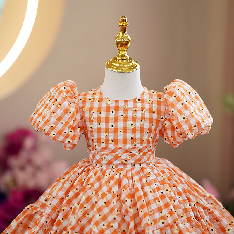 Orange Polyester Princess Flower Girl Dress Flower Puff Sleeve