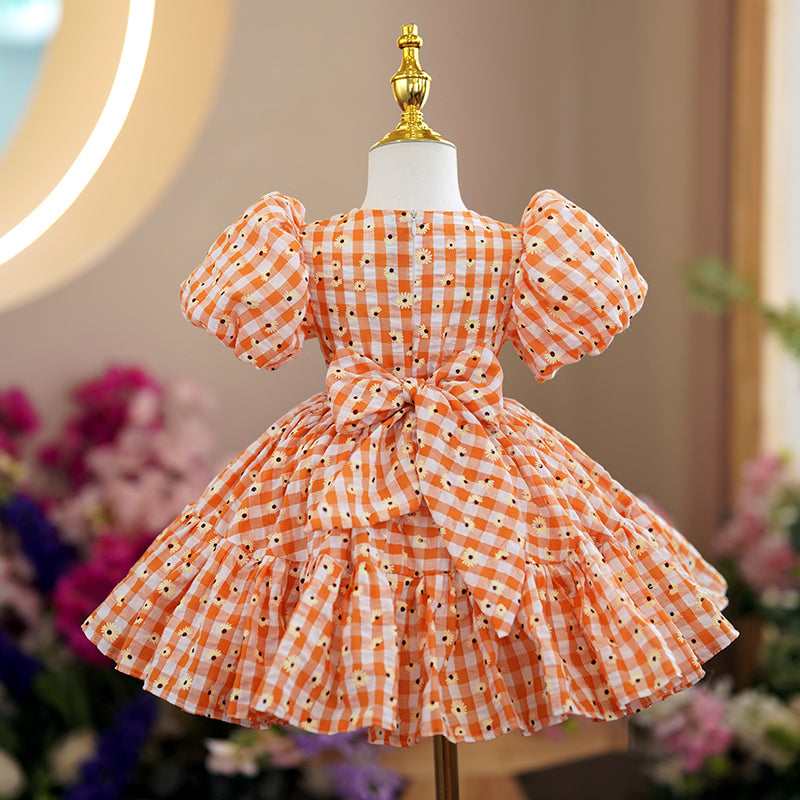 Orange Polyester Princess Flower Girl Dress Flower Puff Sleeve