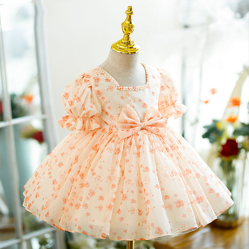 Orange Princess Flower Girl Dress Beaded Bow Puff Sleeve Tea