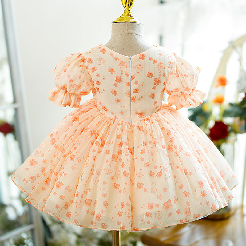 Orange Princess Flower Girl Dress Beaded Bow Puff Sleeve Tea