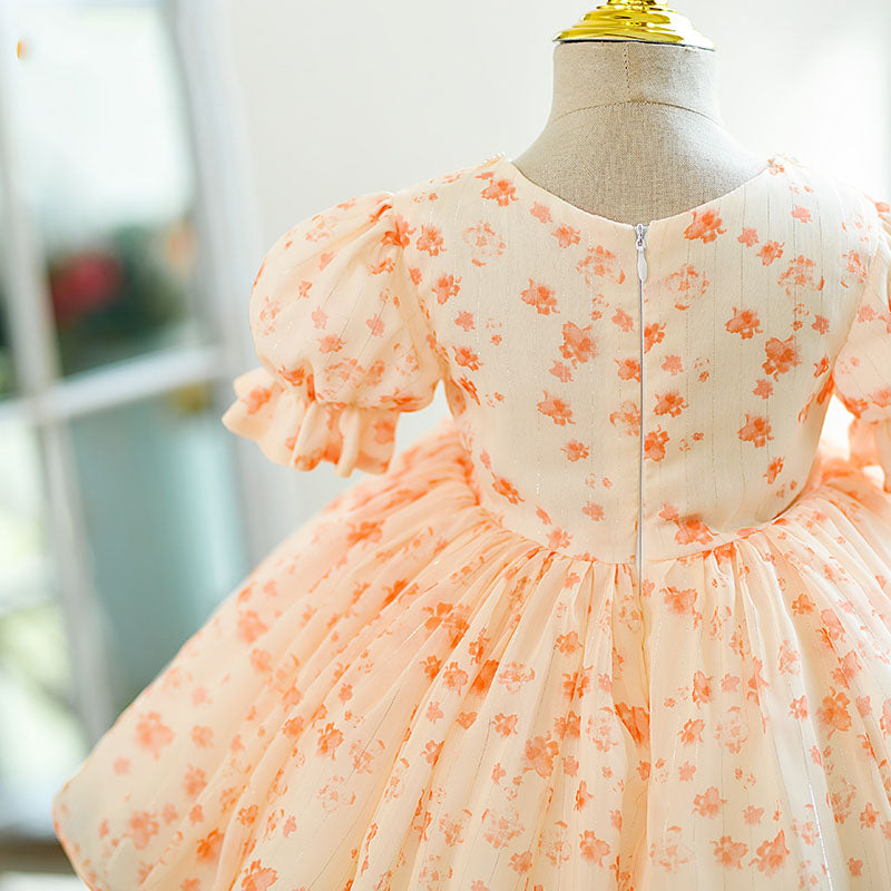 Orange Princess Flower Girl Dress Beaded Bow Puff Sleeve Tea