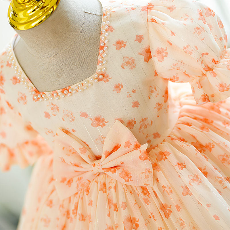 Orange Princess Flower Girl Dress Beaded Bow Puff Sleeve Tea