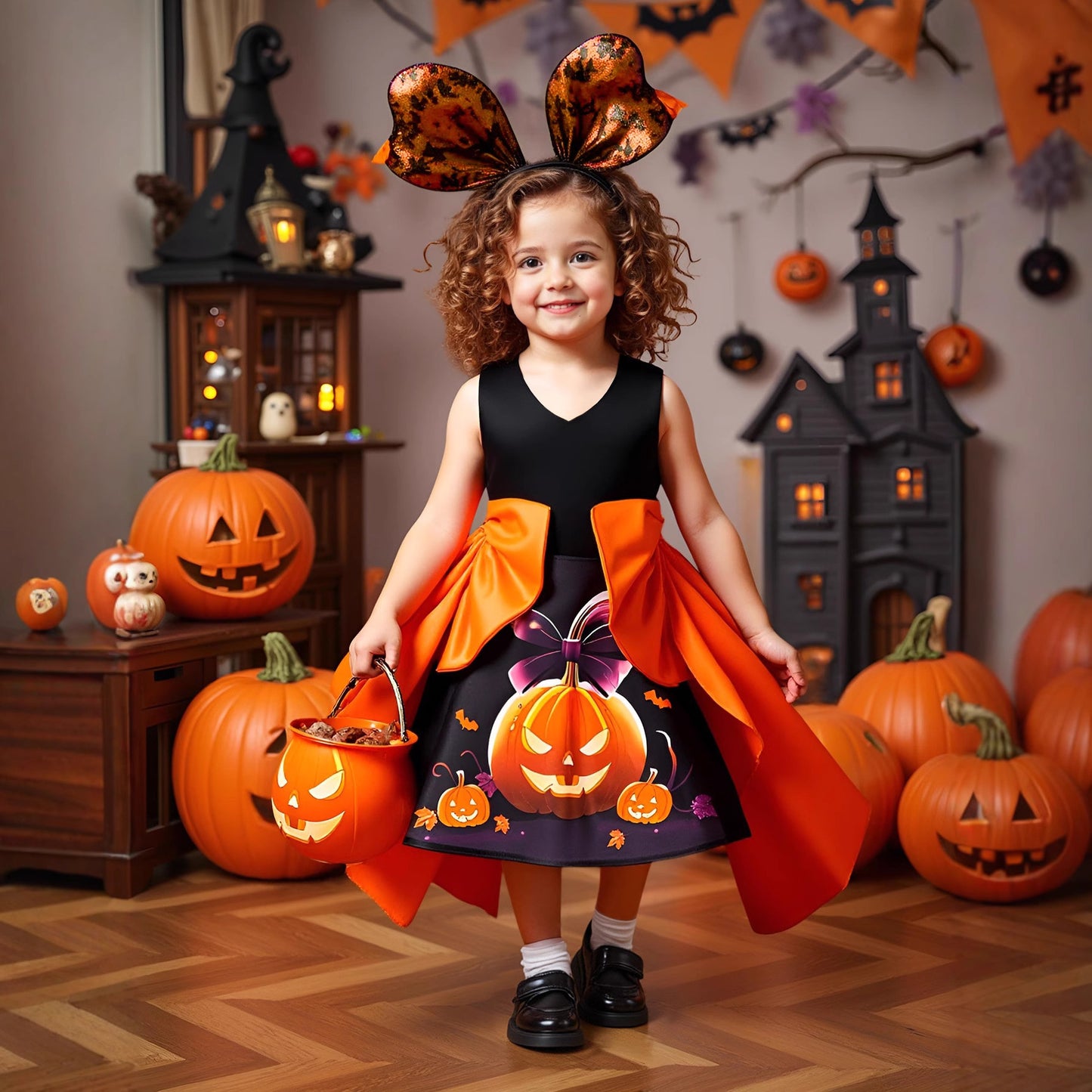Girls' Orange Pumpkin Print Satin A-line Dress - Tea Length Party Outfit