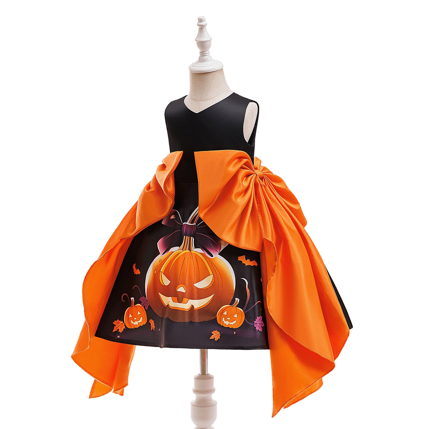 Girls' Orange Pumpkin Print Satin A-line Dress - Tea Length Party Outfit