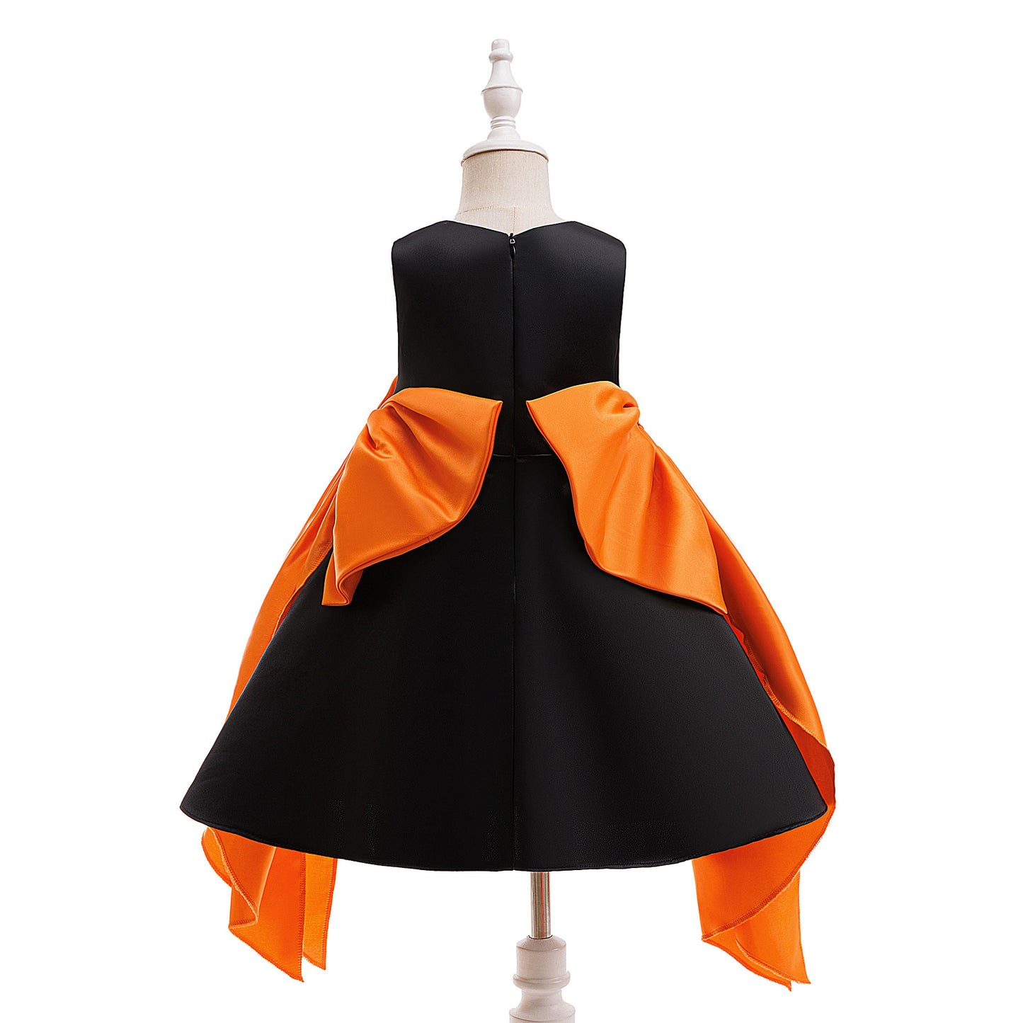 Girls' Orange Pumpkin Print Satin A-line Dress - Tea Length Party Outfit