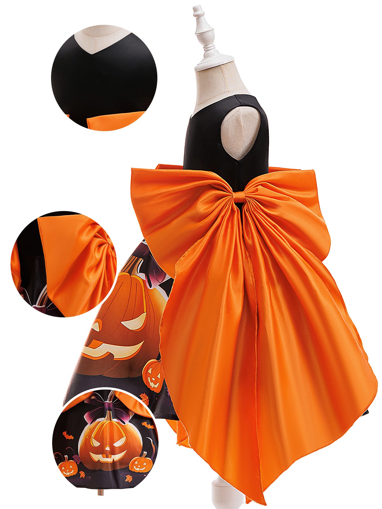 Girls' Orange Pumpkin Print Satin A-line Dress - Tea Length Party Outfit