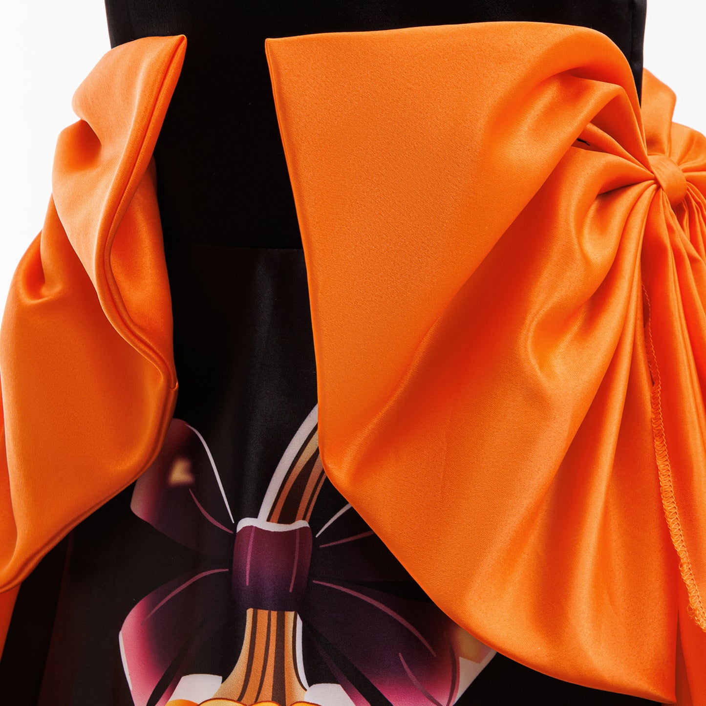 Girls' Orange Pumpkin Print Satin A-line Dress - Tea Length Party Outfit