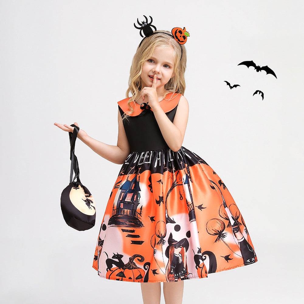 Orange A-Line Tea Length Ruffle Dress for Girls, Sleeveless Party Outfit