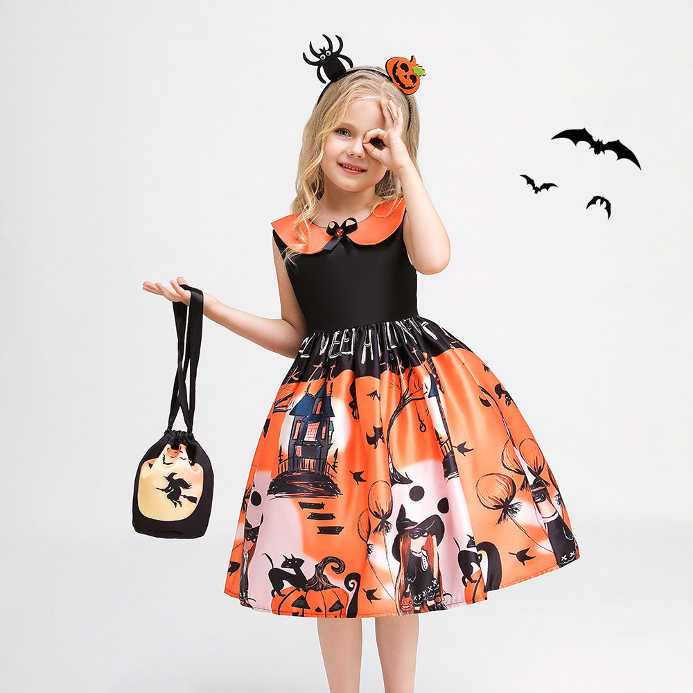 Orange A-Line Tea Length Ruffle Dress for Girls, Sleeveless Party Outfit