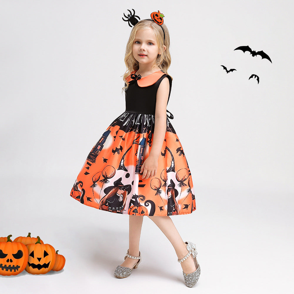 Orange A-Line Tea Length Ruffle Dress for Girls, Sleeveless Party Outfit