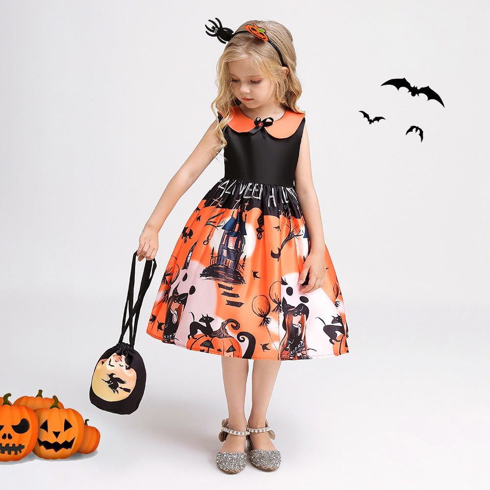 Orange A-Line Tea Length Ruffle Dress for Girls, Sleeveless Party Outfit