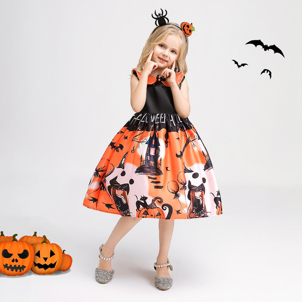 Orange A-Line Tea Length Ruffle Dress for Girls, Sleeveless Party Outfit