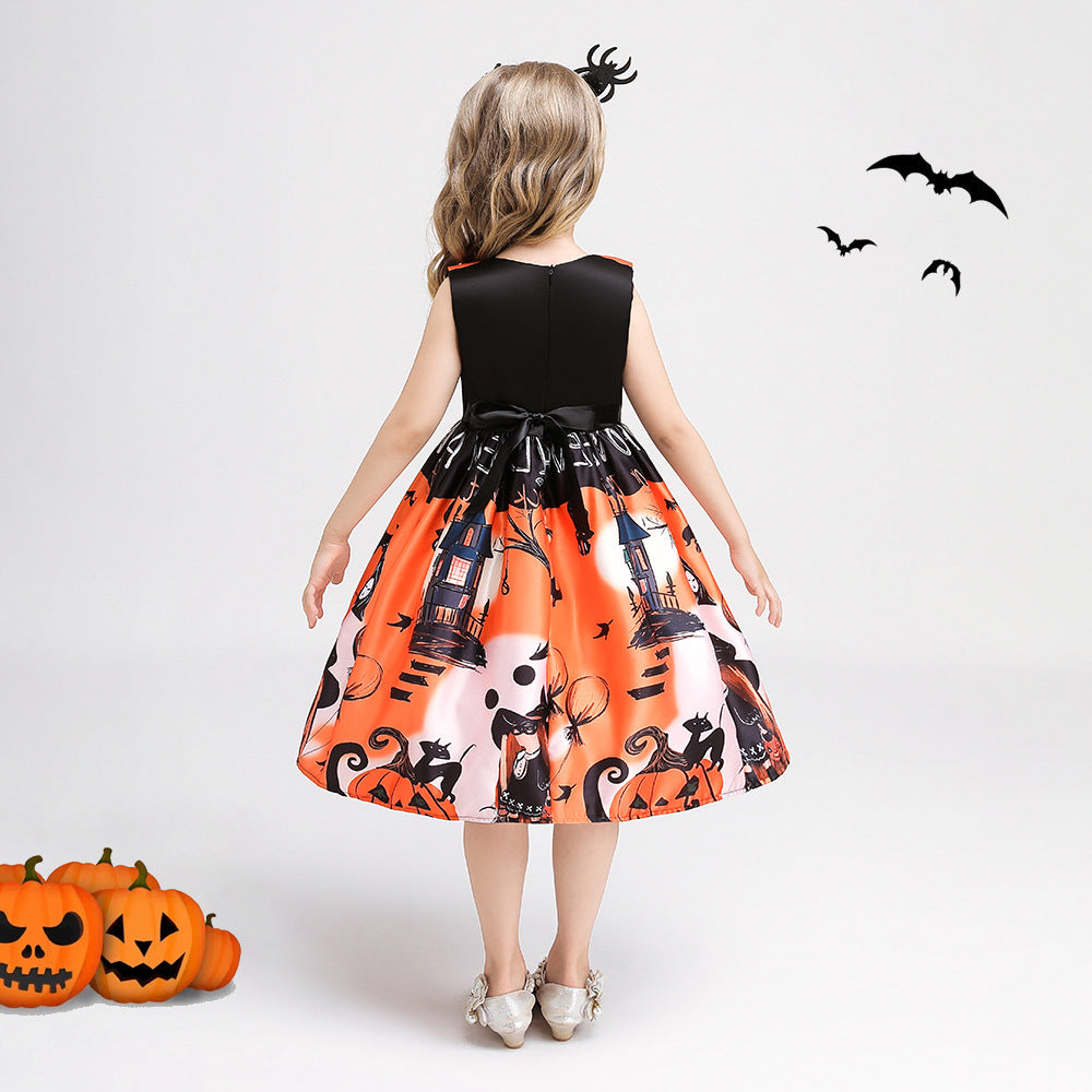 Orange A-Line Tea Length Ruffle Dress for Girls, Sleeveless Party Outfit