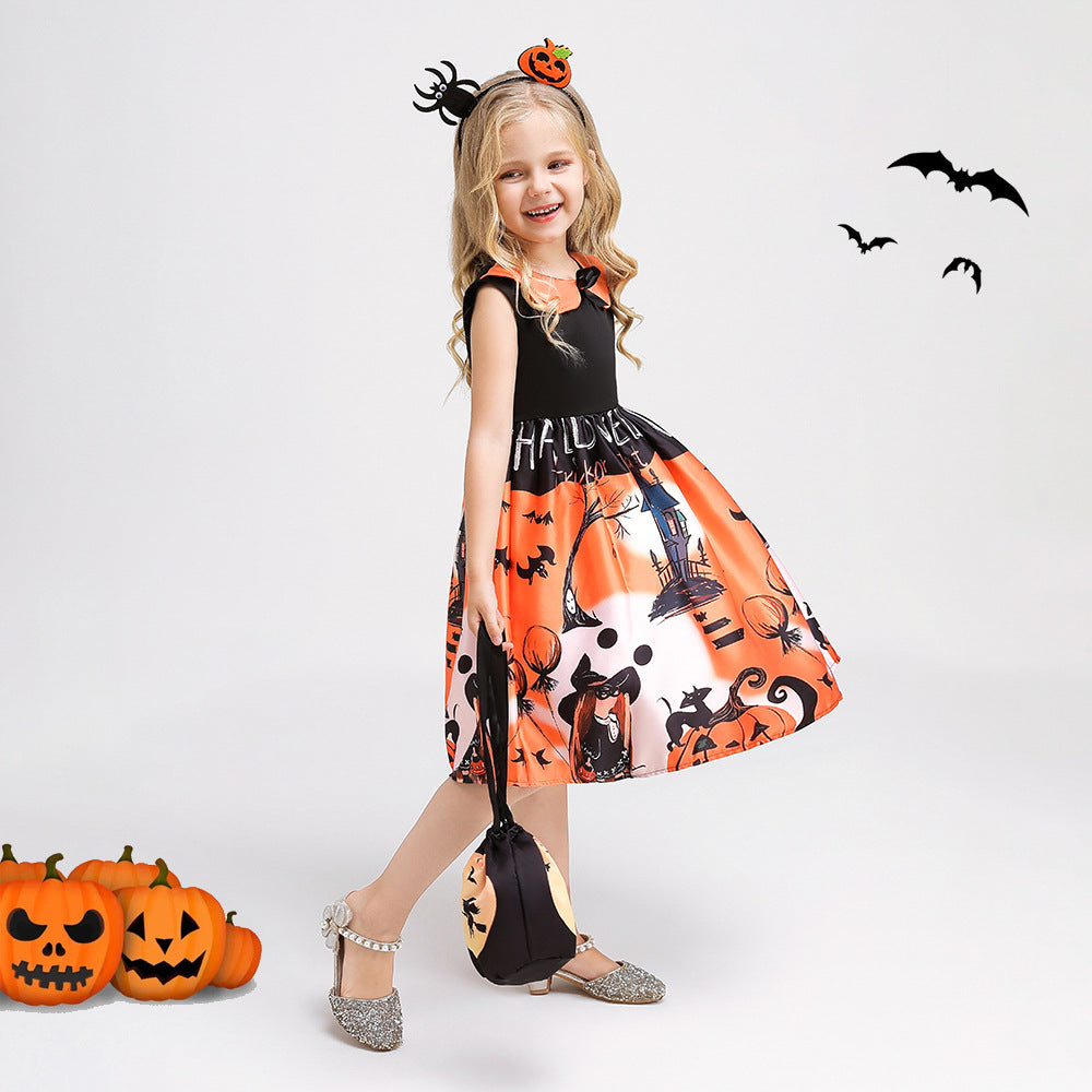 Orange A-Line Tea Length Ruffle Dress for Girls, Sleeveless Party Outfit