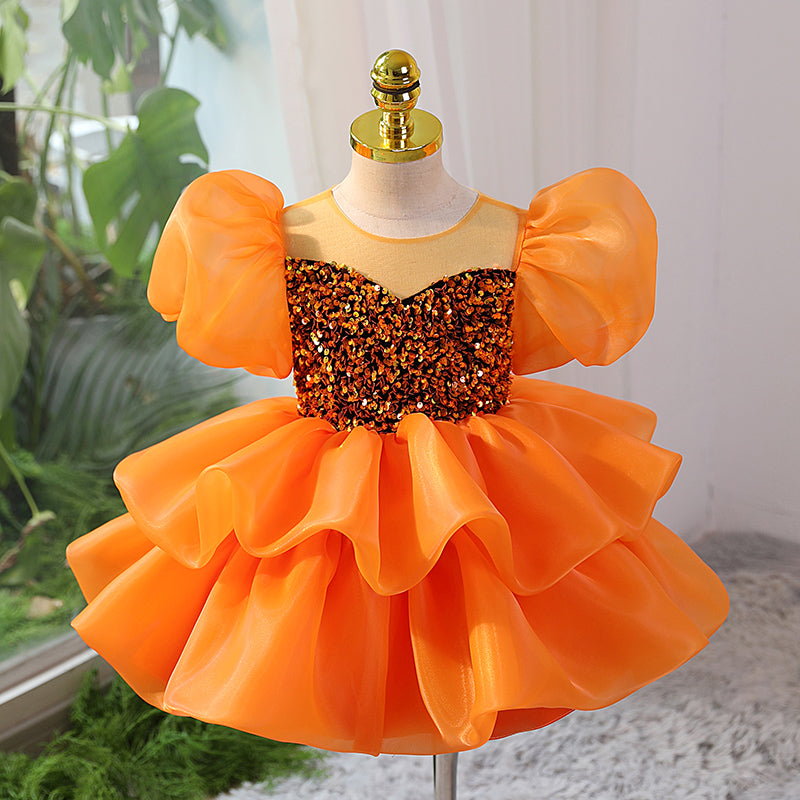 Orange Sequin Flower Girl Dress - A-Line, Bow, Knee Length Mia Princess Orange Sequin Flower Girl Dress - A-Line, Bow, Knee Length Mia Princess