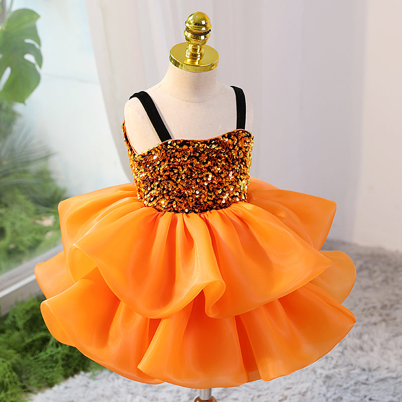 Orange Sequin A-Line Flower Girl Dress with Back Bow