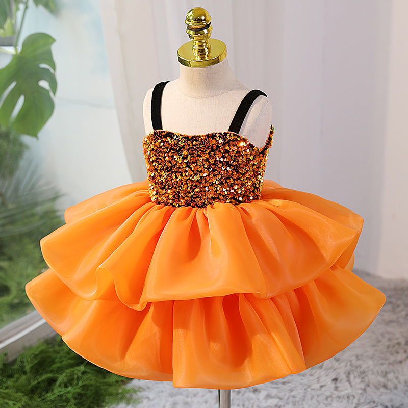 Orange Sequin A-Line Flower Girl Dress with Back Bow