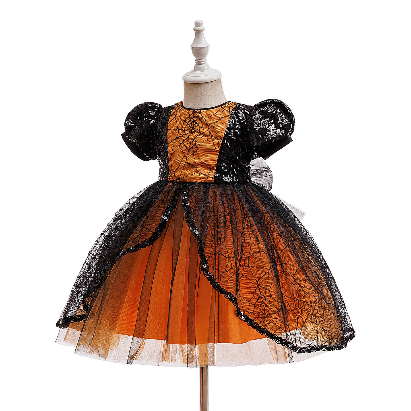 Orange Sequin Princess Dress for Girls – Tea Length Bubble Sleeve Party Gown