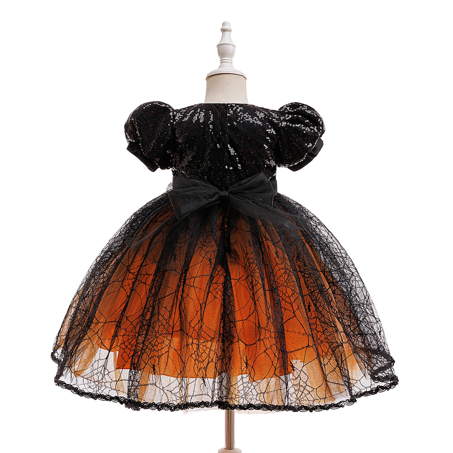 Orange Sequin Princess Dress for Girls – Tea Length Bubble Sleeve Party Gown