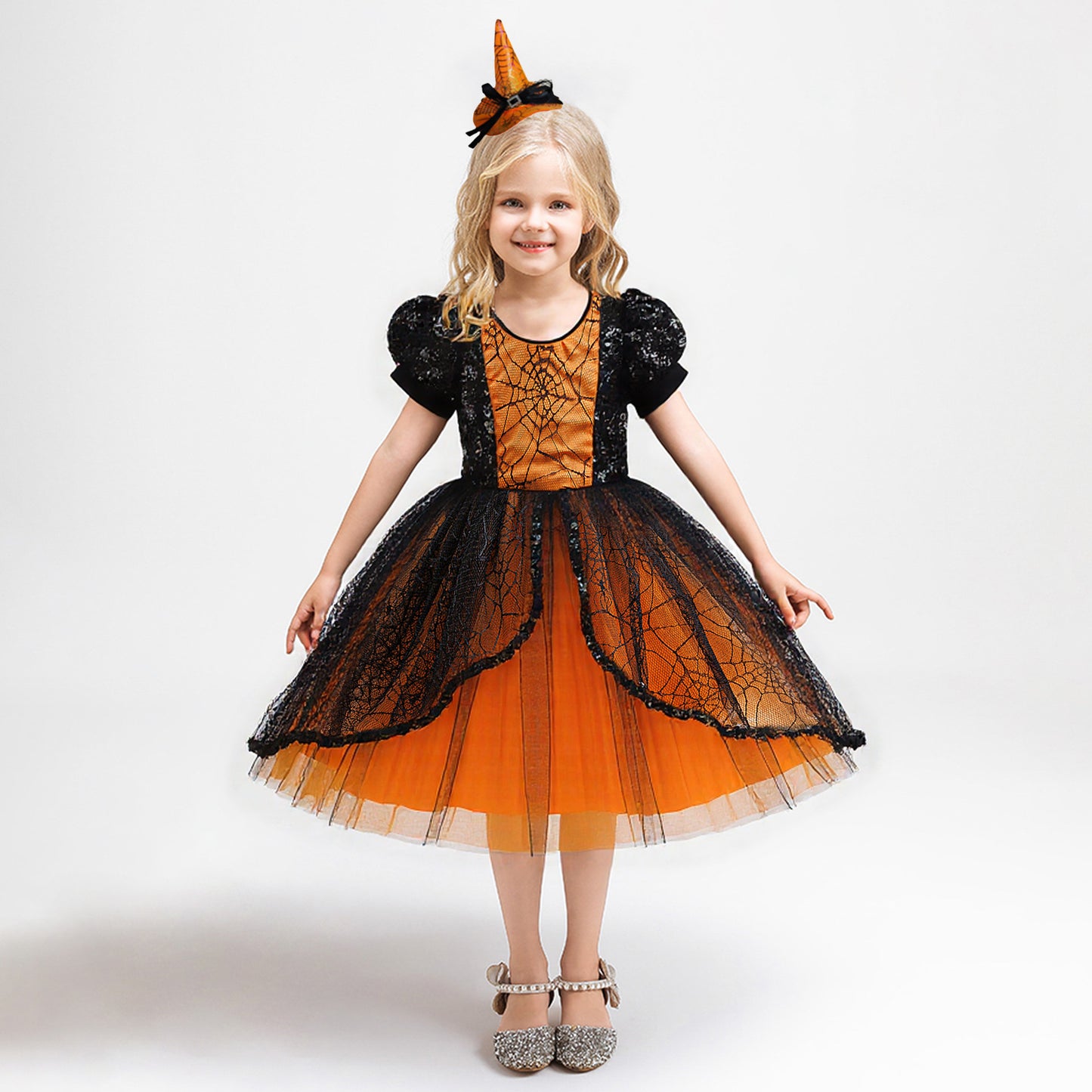 Orange Sequin Princess Dress for Girls – Tea Length Bubble Sleeve Party Gown