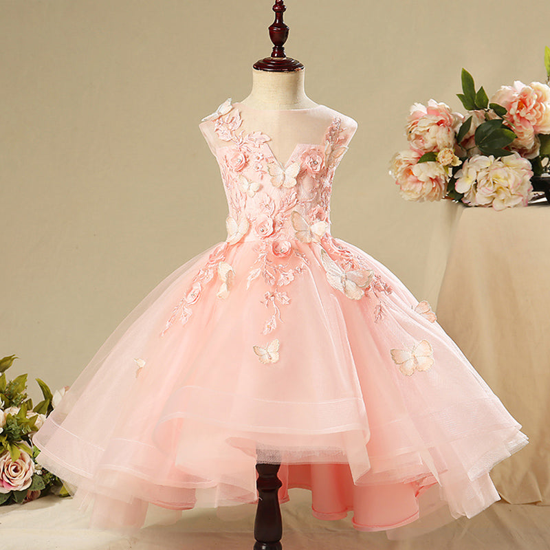Pink A-line Floor-Length Flower Girl Dress with Lace and Flowers