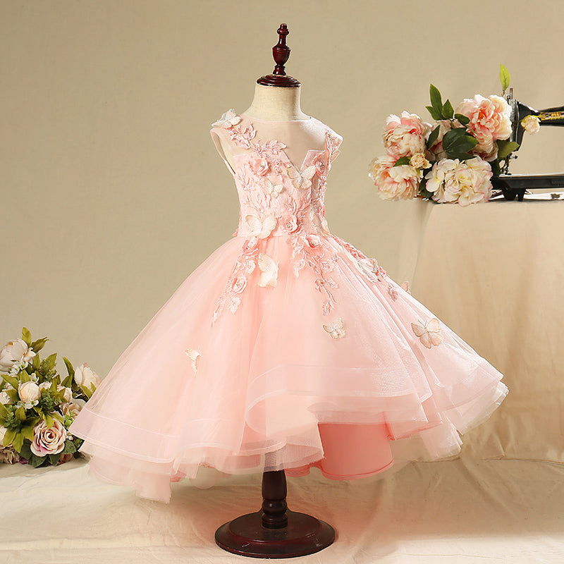 Pink A-line Floor-Length Flower Girl Dress with Lace and Flowers