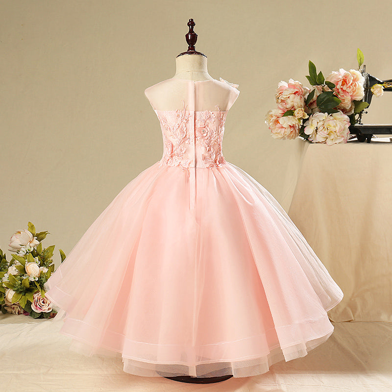 Pink A-line Floor-Length Flower Girl Dress with Lace and Flowers