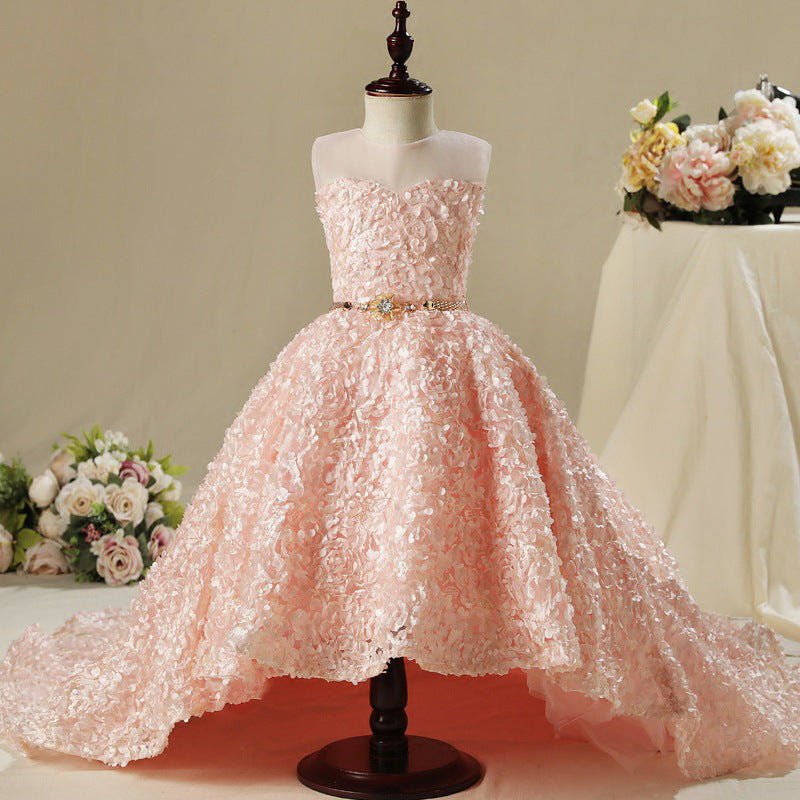 Pink A-Line Floor-Length Lace Flower Girl Dress