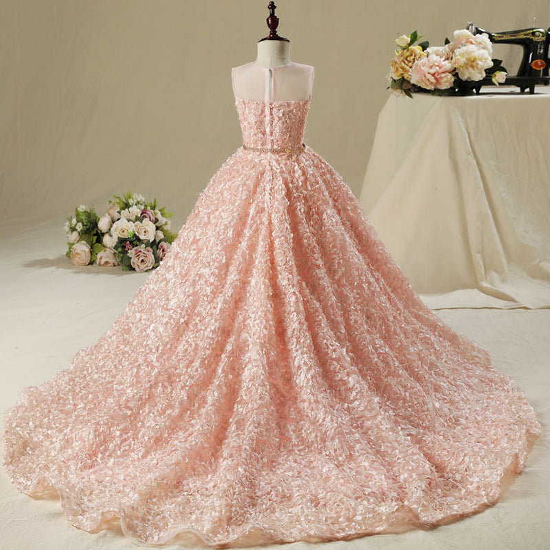 Pink A-Line Floor-Length Lace Flower Girl Dress