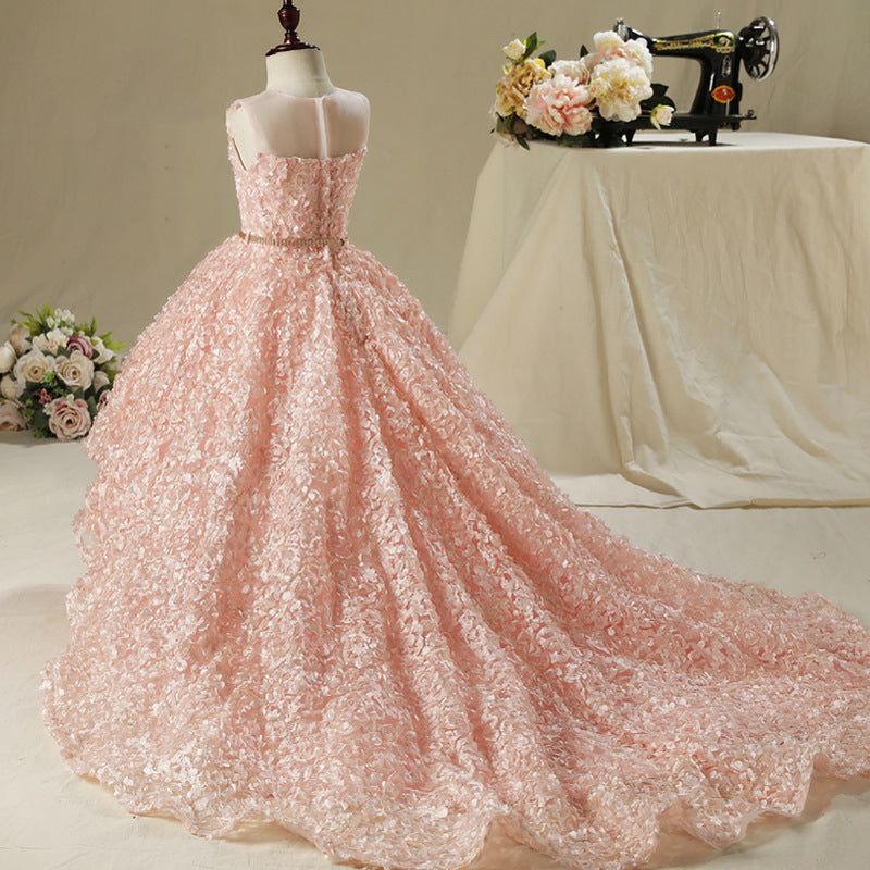Pink A-Line Floor-Length Lace Flower Girl Dress