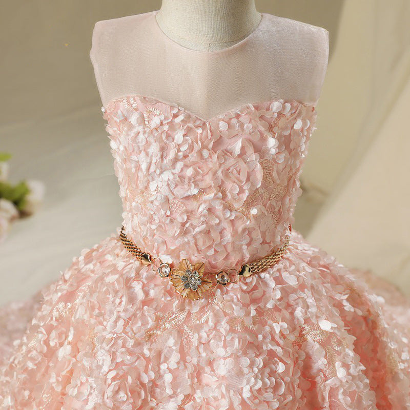 Pink A-Line Floor-Length Lace Flower Girl Dress